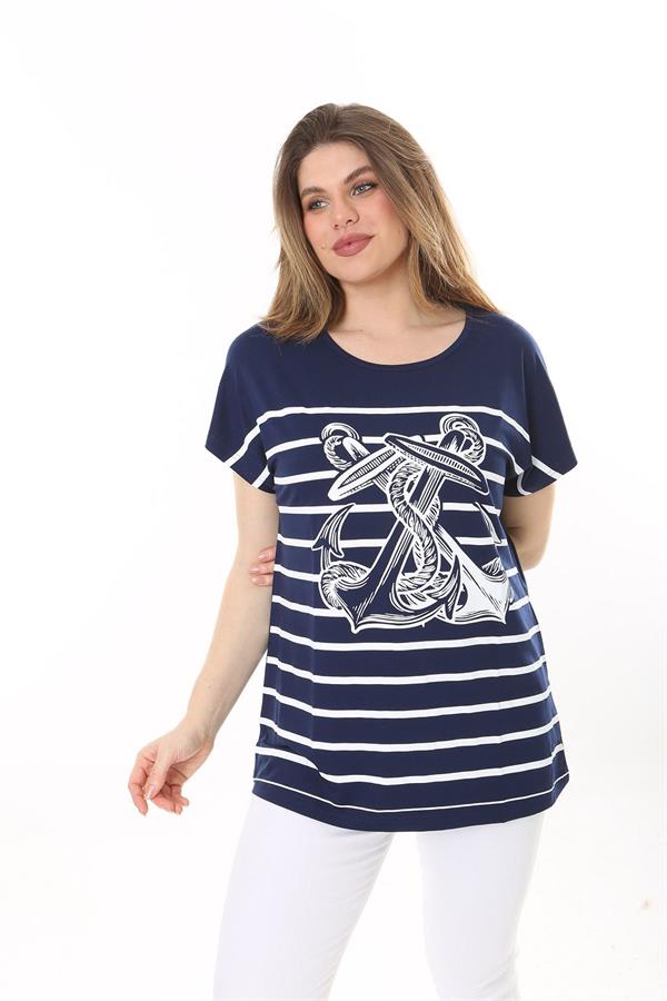 Kadın Büyük Beden Lacivert Bisiklet Yakalı Ön Desenli Kısa Kollu Bluz 65N37639