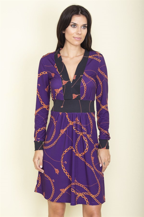 ROBE VIOLETTE À COL EN V ET À BANDE DE TAILLE POUR FEMME