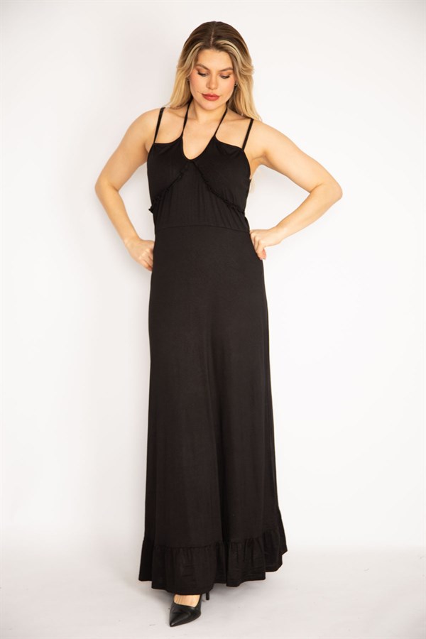 Kadın Siyah Askı Ve Yakası Fırfır Detaylı Etek Ucu Katlı Uzun Elbise 65N35236
