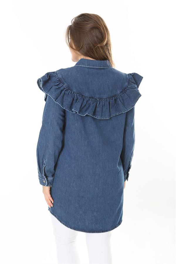 Kadın Büyük Beden Lacivert Volan Detaylı Ön Düğmeli Kot Tunik 65N37891