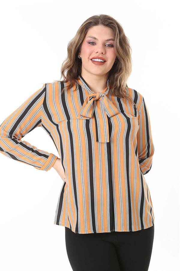 Kadın Büyük Beden Sarı Yakası Fular Bağlamalı Çizgili Bluz 65N38018
