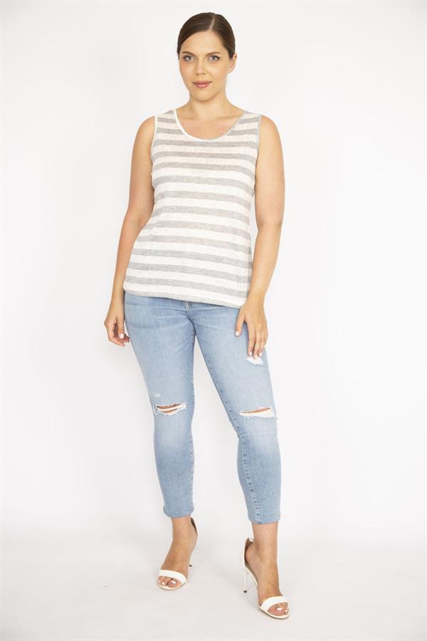 Kadın Gri Büyük Beden Bisiklet Yakalı Kolsuz Çizgili Bluz