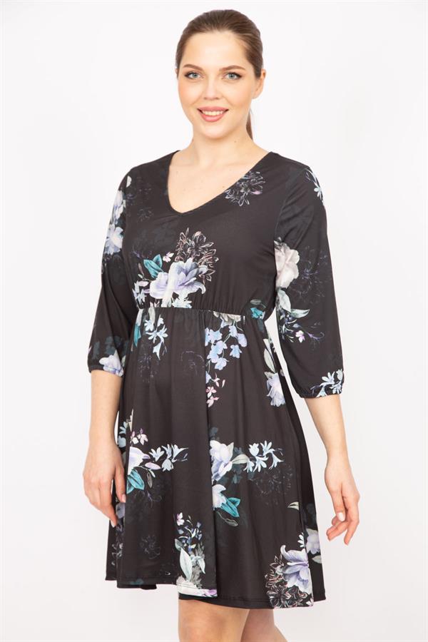 Kadın Siyah V Yakalı Bel Ve Kol Ağzı Lastikli Elbise 26A35828