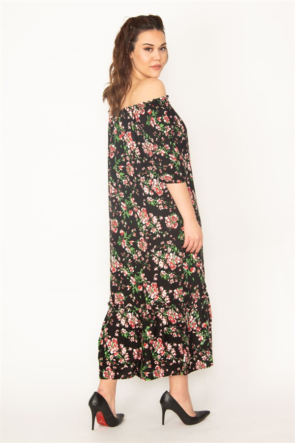 KADIN EFLATUN DOKUMA VİSKON KUMAŞ MADONNA YAKA KOL AĞZI VE YAKASI LASTİKLİ KATLI ELBİSE