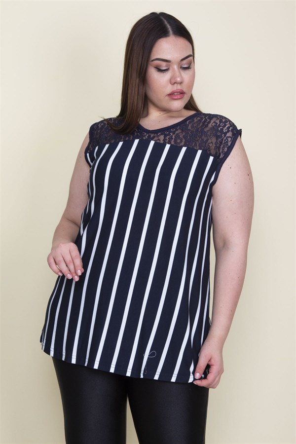 Kadın Lacivert Roba Dantelli Çizgili Bluz 65N25567