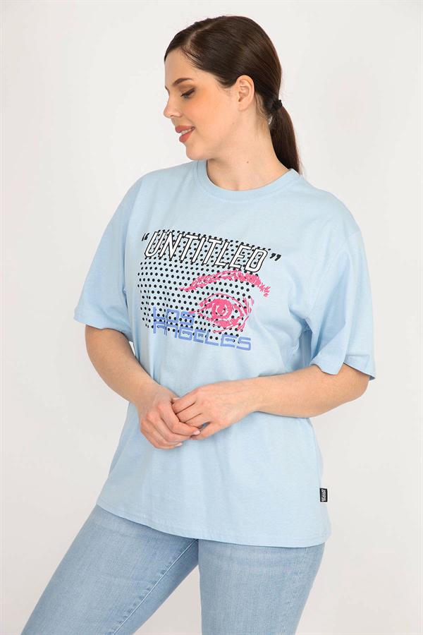 Kadın Mavi Büyük Beden Pamuklu Kumaş Ön Baskılı Bluz