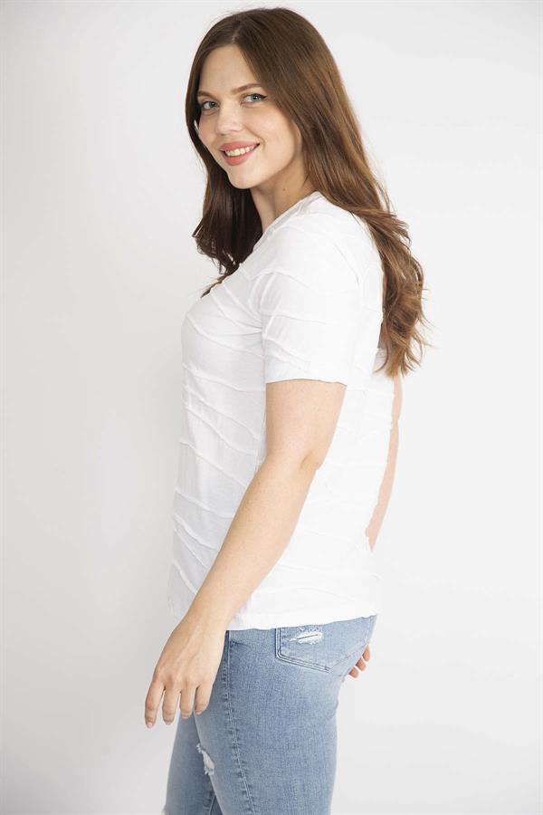 Kadın Beyaz Büyük Beden Pamuklu Kumaş Bisiklet Yakalı Kısa Kollu Bluz