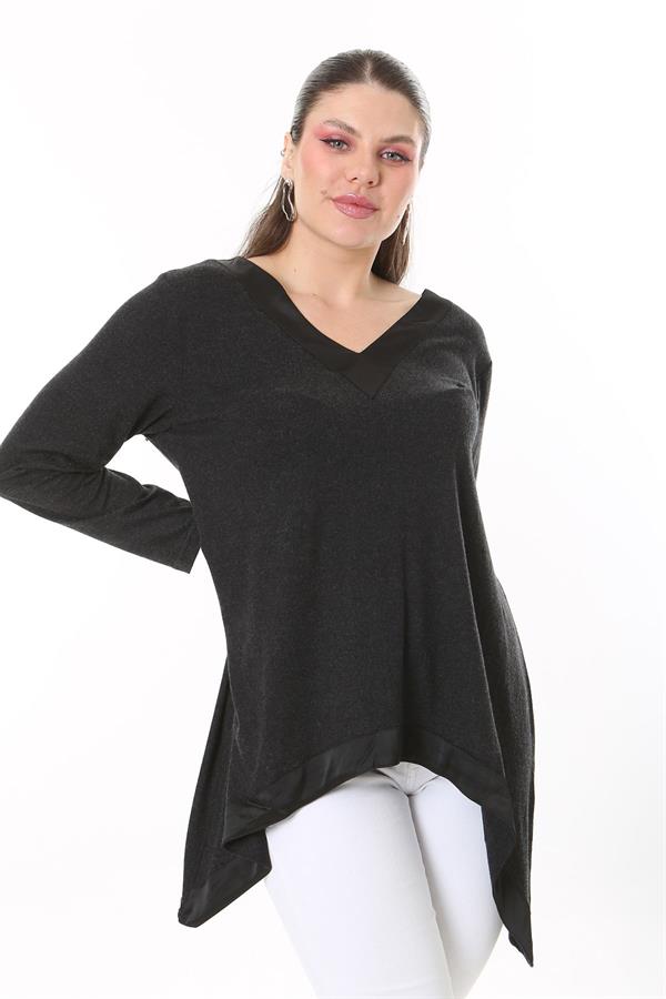 Kadın Büyük Beden Antrasit Yaka Ve Etek Ucu Saten Garnili Uzun Kollu Bluz 65N37686