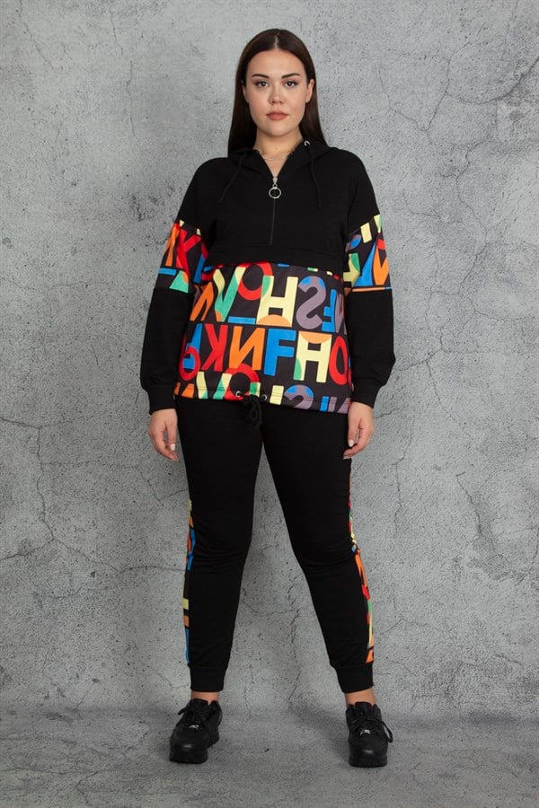 KAPŞONLU FERMUAR VE BASKI DETAYLI KUŞGÖZLÜ SWEATSHİRT PANTOLON TAKIM