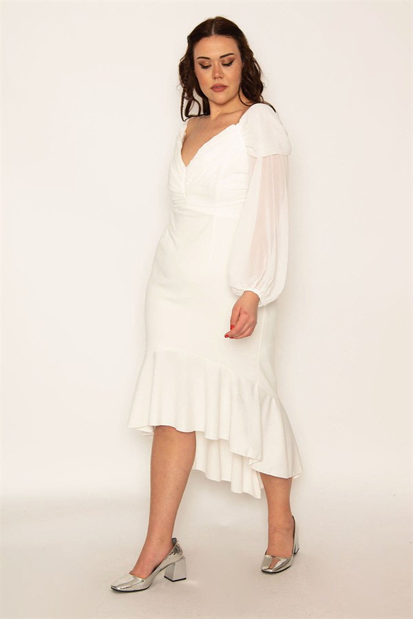 Kadın Kemik Göğüs Drapeli Kolları Şifon Eteği Volanlı Astarlı Abiye Elbise 85N7316