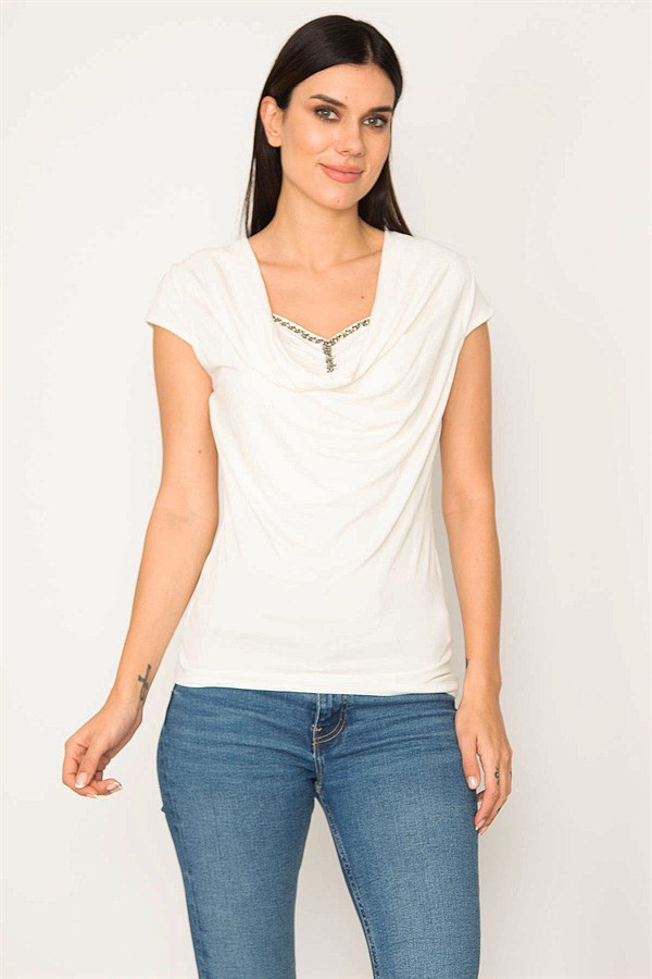 Kadın Kemik Taş Detaylı Düşük Yakalı Bluz