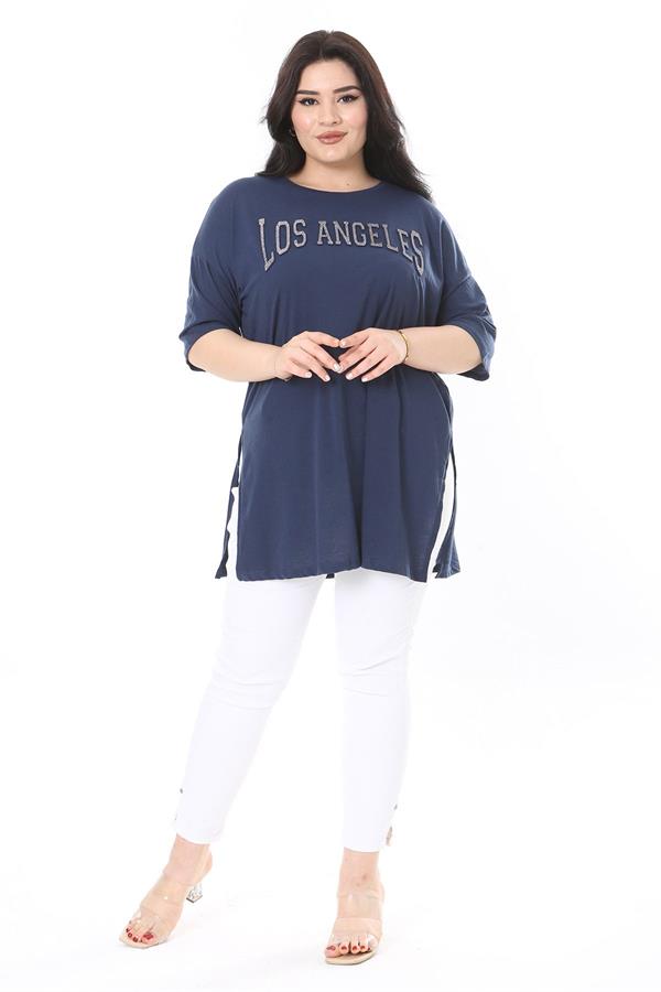 Kadın Büyük Beden Lacivert Sim Detaylı Bisiklet Yaka Yan Yırtmaçlı Kısa Kollu Bluz