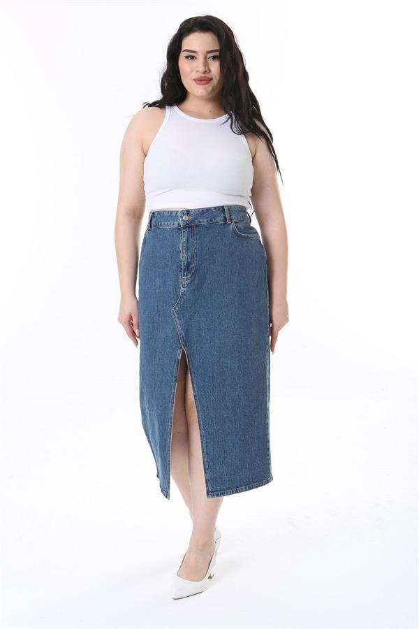 Kadın Büyük Beden Lacivert Yırtmaç Detaylı 5 Cepli Kot Etek 65N38096