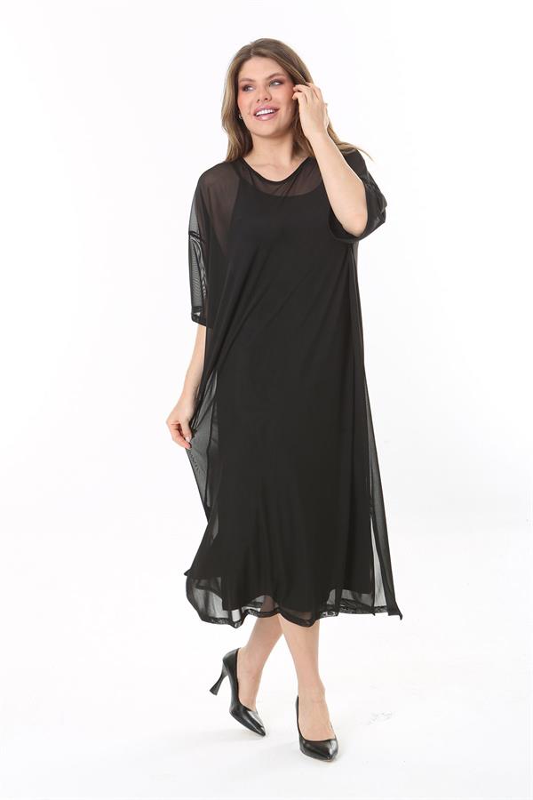 Kadın Büyük Beden Siyah İçi Askılı İki Parça Tül Elbise 65N37774