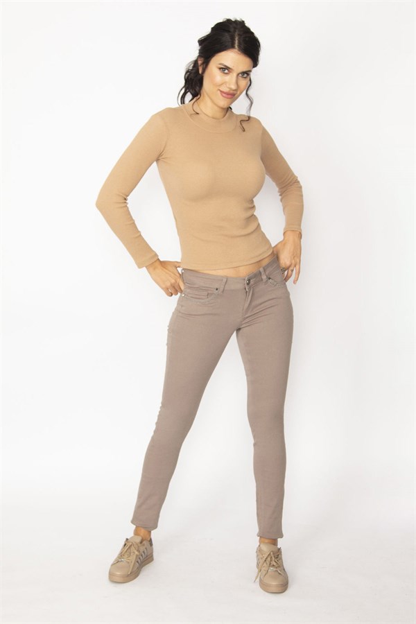 KADIN VİZON 5 CEP CEP AĞZI KALP FİGÜR NAKIŞLI GABARDİN KUMAŞ PANTOLON