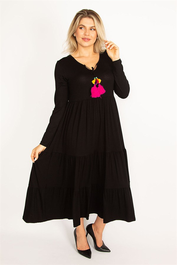 Kadın Fujya Yaka Detaylı Uzun Kollu Katlı Elbise 65N34514