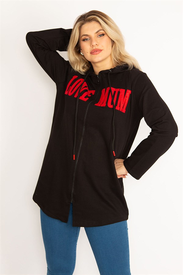 Kadın Siyah Kapşonlu Ön Fermuar Ve Baskı Detaylı Sweatshirt 65N34681