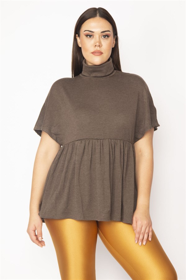 Kadın Kahve Boğazlı Yaka Bel Büzgülü Düşük Kol Triko Bluz 65N29661