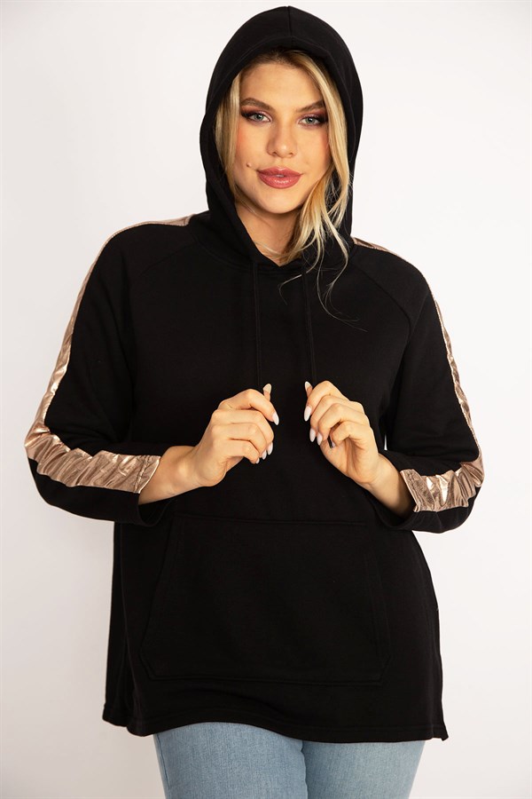Women's Black Sleeves Gold Stripe Detailed Hooded Kangaroo Pocket Sweatshirt 65N34671