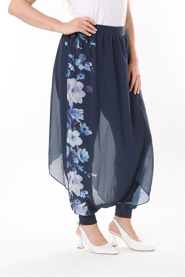 Kadın Büyük Beden Lacivert İçi Viskon Pantolonlu Şifon Anvelop Görünümlü Şalvar   65N37631