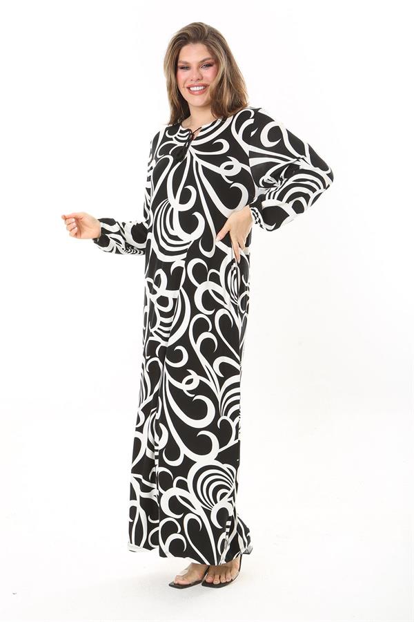 Kadın Büyük Beden Kahve Yaka Bağcıklı Uzun Kollu Maksi Boy Elbise 65N37866