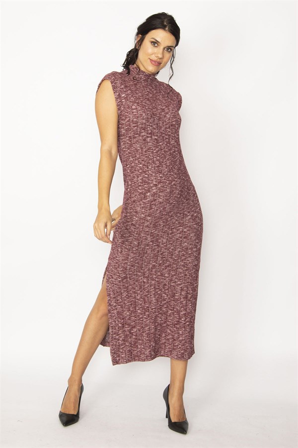 WOMEN'S MAROON BACK DETAILED SIDE SLITS SELF-STRIPED CREW-NECK DRESS