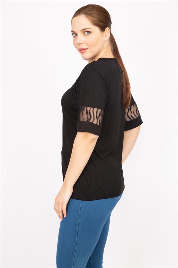 Kadın Siyah Büyük Beden Flok Tül Detaylı Bluz