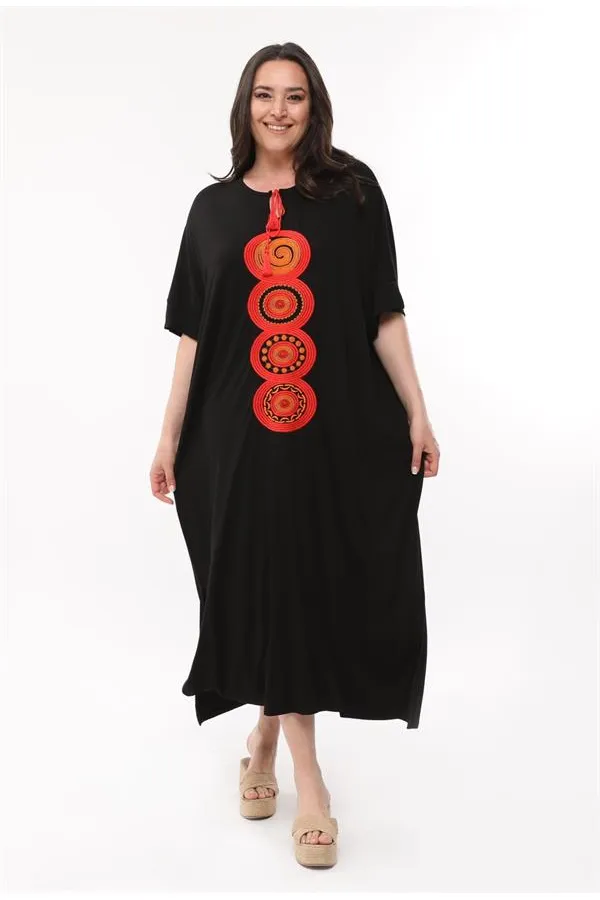 Kadın Büyük Beden Siyah, Rahat Kesim V Yaka Nakışlı Elbise 65N39077