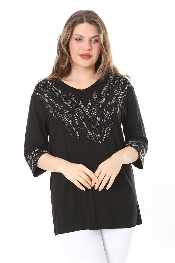 Kadın Büyük Beden Siyah Taş Detaylı Bluz     65N37976