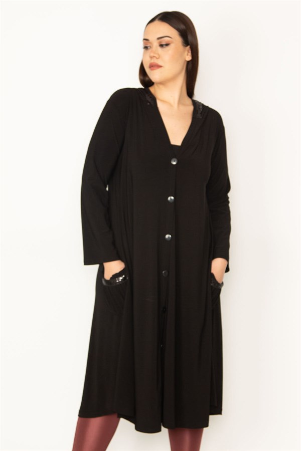 Kadın Siyah Sandy Kumaş Payet Detaylı Ön Düğmeli Kapşonlu Kap 65N31703