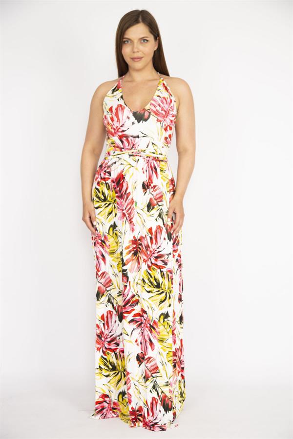 Kadın Büyük Beden Renkli Sırt Dekolteli Anvelop Yakalı Uzun Elbise 65N37264