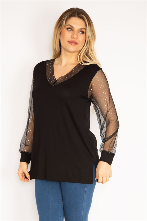 Kadın Mürdüm Yaka Ve Kolları Simli Tül Bluz 65N35185