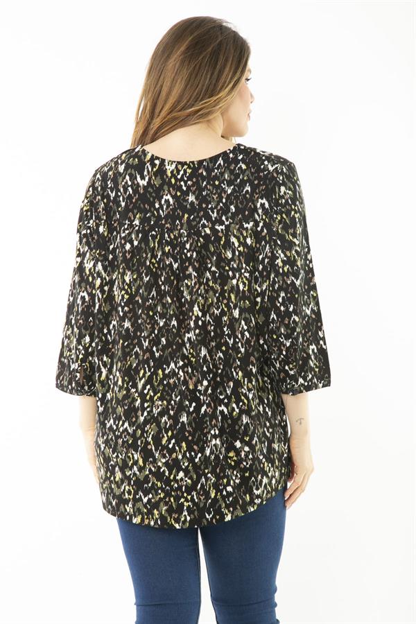 Kadın Büyük Beden Kahve Yaka Pileli Kapri Kollu Bluz 65N37147