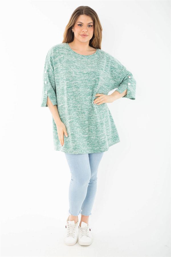 Kadın Büyük Beden Yeşil Kolları Süs Metal Düğmeli Kırçıllı Kalın Tunik 65N37403