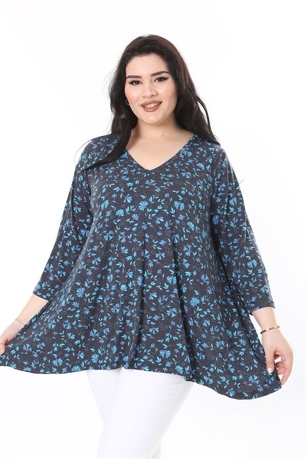 Kadın Büyük Beden Renkli V Yakalı Kapri Kol Desenli Bluz 65N38001