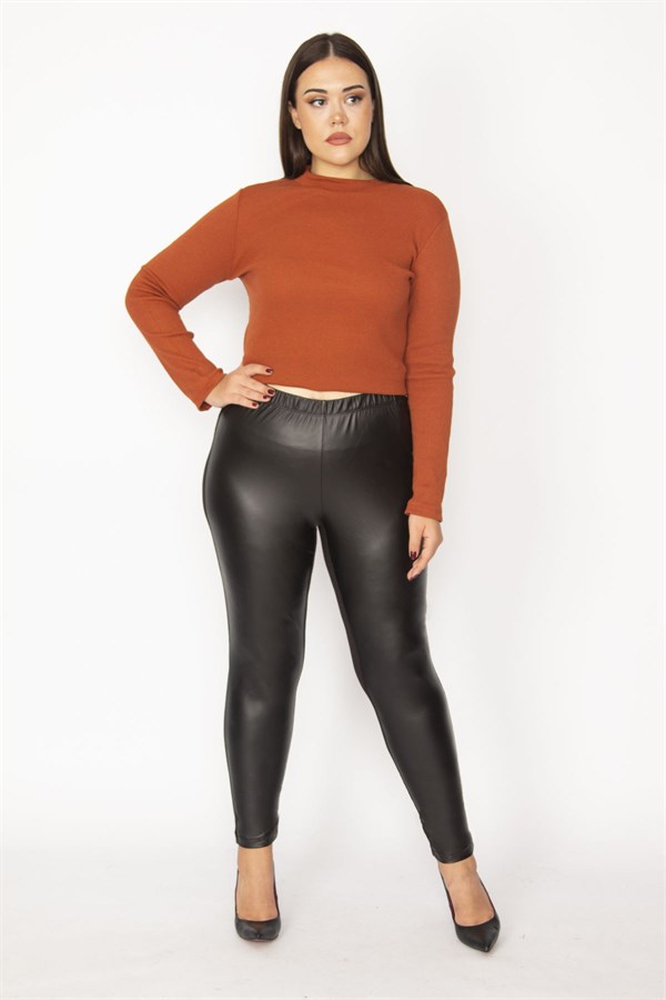 Women's Black Faux Leather Front Coated Viscose Fabric Back Leggings Trousers 65N30030