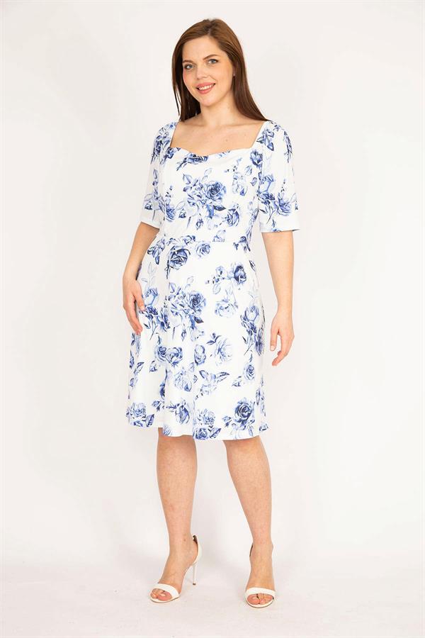 KADIN MAVİ OMUZU LASTİKLİ ASTARLI ELBİSE