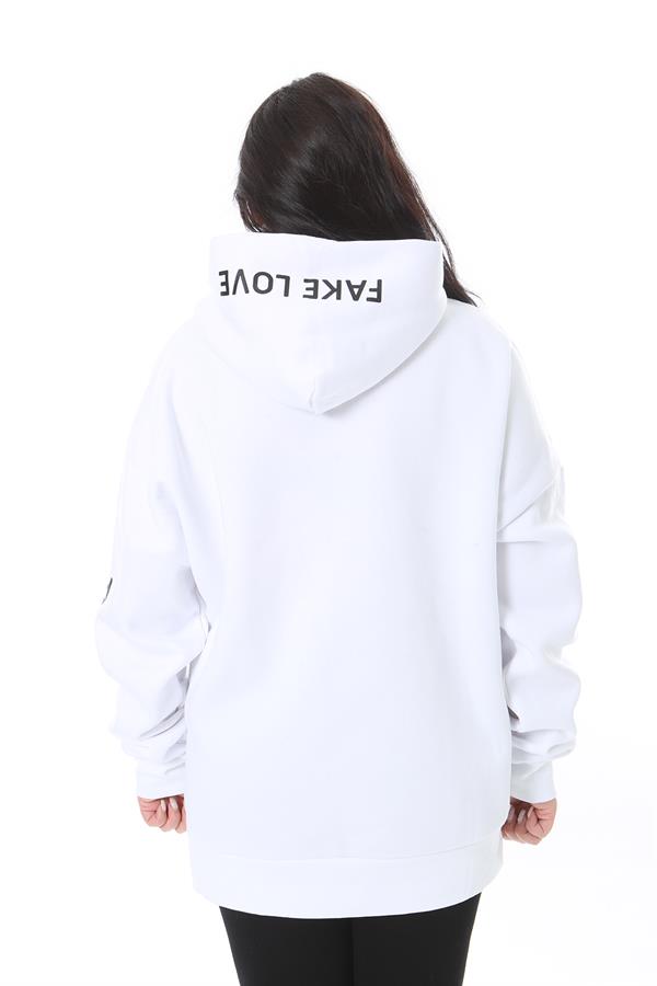 Women's Plus Size White Polar Fleece Print and Hooded Detailed Sweatshirt 65N38623