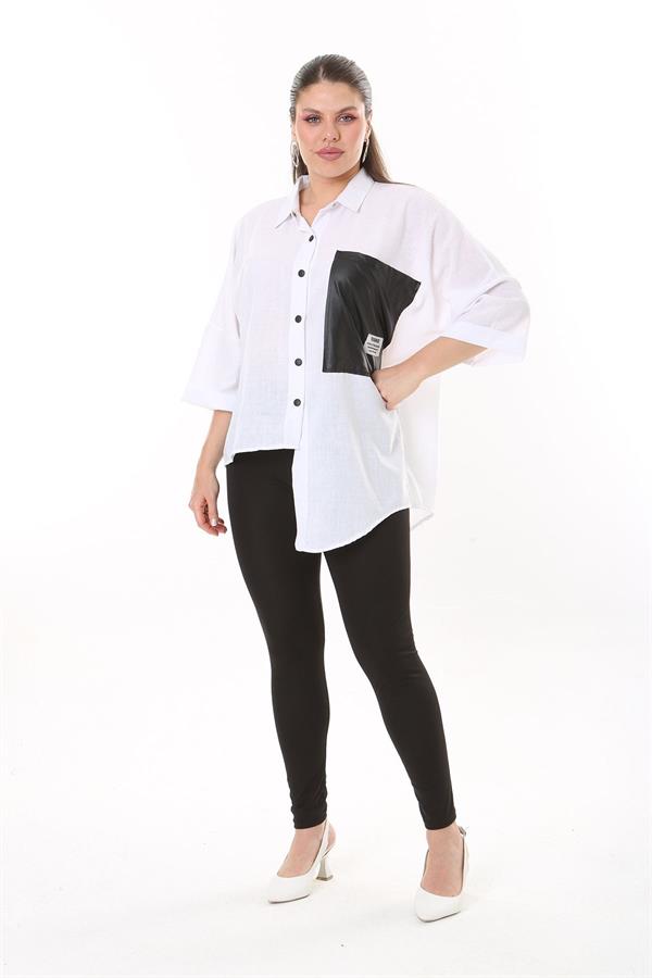 Chemise en similicuir grande taille pour femme, fermeture à boutons-pression, poche et détail sur le devant 65N37698 Chemise en similicuir grande taille pour femme, fermeture à boutons-pression, poche et détail sur le devant 65N37698
