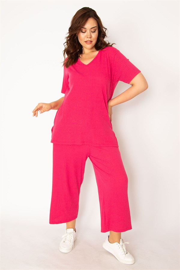 Kadın Fujya Kaşkorse Örme Beli Lastikli Geniş Paçalı Pantolon V Yakalı Bluz Takım 65N32939