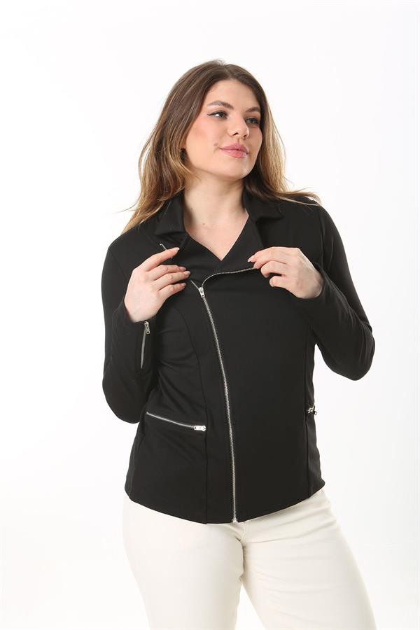 Kadın Büyük Beden Siyah Fermuar Detaylı Astarsız Ceket 65N37540