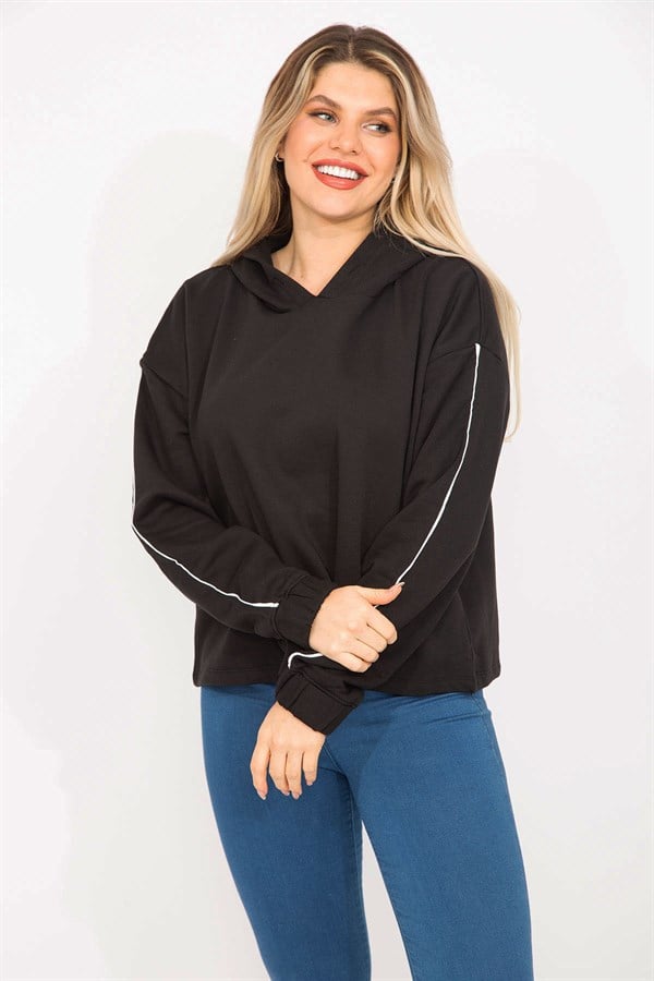 Kadın Siyah Kolları Biye Detaylı Kapşonlu Sweatshirt 65N35301