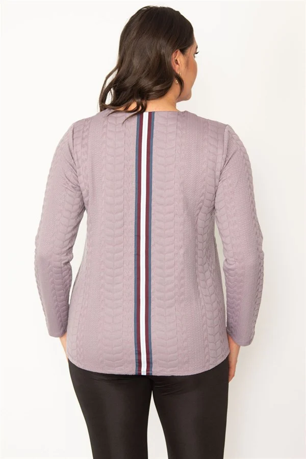 KADIN LACİVERT V YAKALI ARKA ŞERİT DETAYLI KENDİNDEN DESENLİ TUNİK