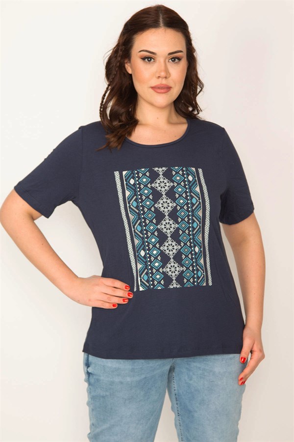 KADIN LACİVERT LAME BASKILI BİSİKLET YAKALI KISA KOLLU BLUZ