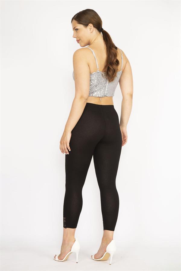 Kadın Siyah Büyük Beden Paça Dantelli Tayt