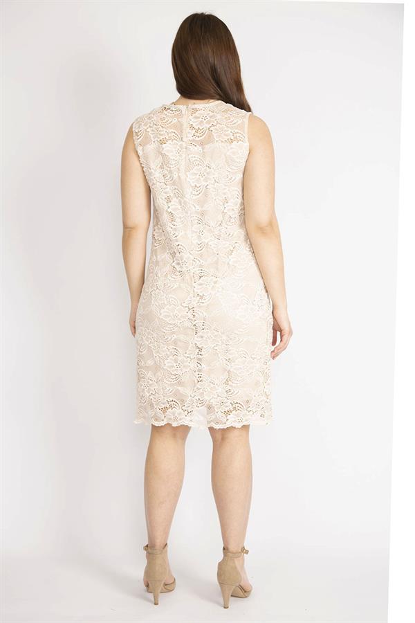 Kadın Bej Büyük Beden Arka Gizli Fermuarlı Astarlı Dantel Elbise