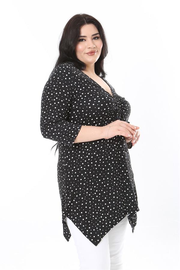 Kadın Büyük Beden Siyah Göğüs Büzmeli Puan Desenli Kapri Kollu Bluz 65N37949
