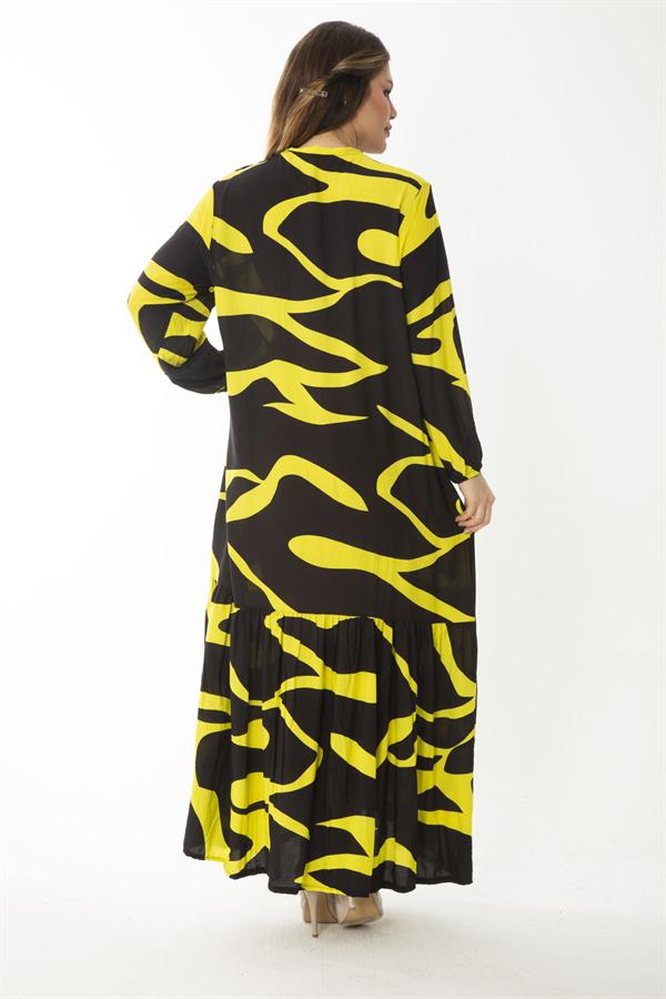 Kadın Büyük Beden Renkli Dokuma Viskon Kumaş Ön Boy Düğmeli Etek Ucu Katlı Elbise 65N37088