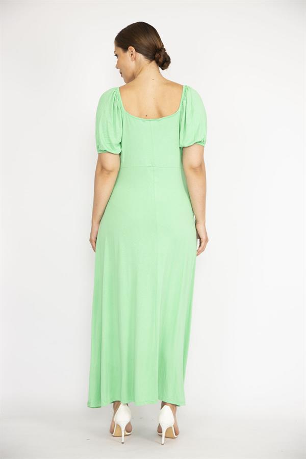 Kadın Büyük Beden Yeşil Omuz Ve Kol Ağzı Lastik Detaylı Anvelop Yakalı Elbise