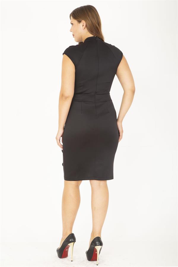 Kadın Büyük Beden Siyah Scuba Kumaş Yaka Ve Bel Detaylı Abiye Elbise 65N36848